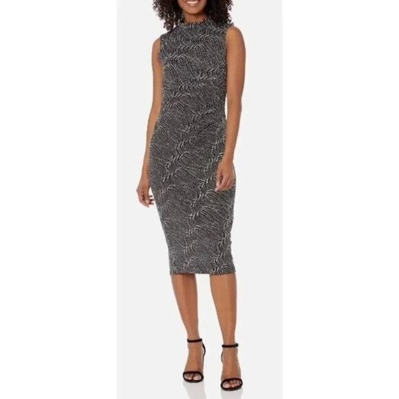 Anne Klein Black Silver Metallic Swirl Mock Sheath Midi Dress 4 - Picture 1 of 8